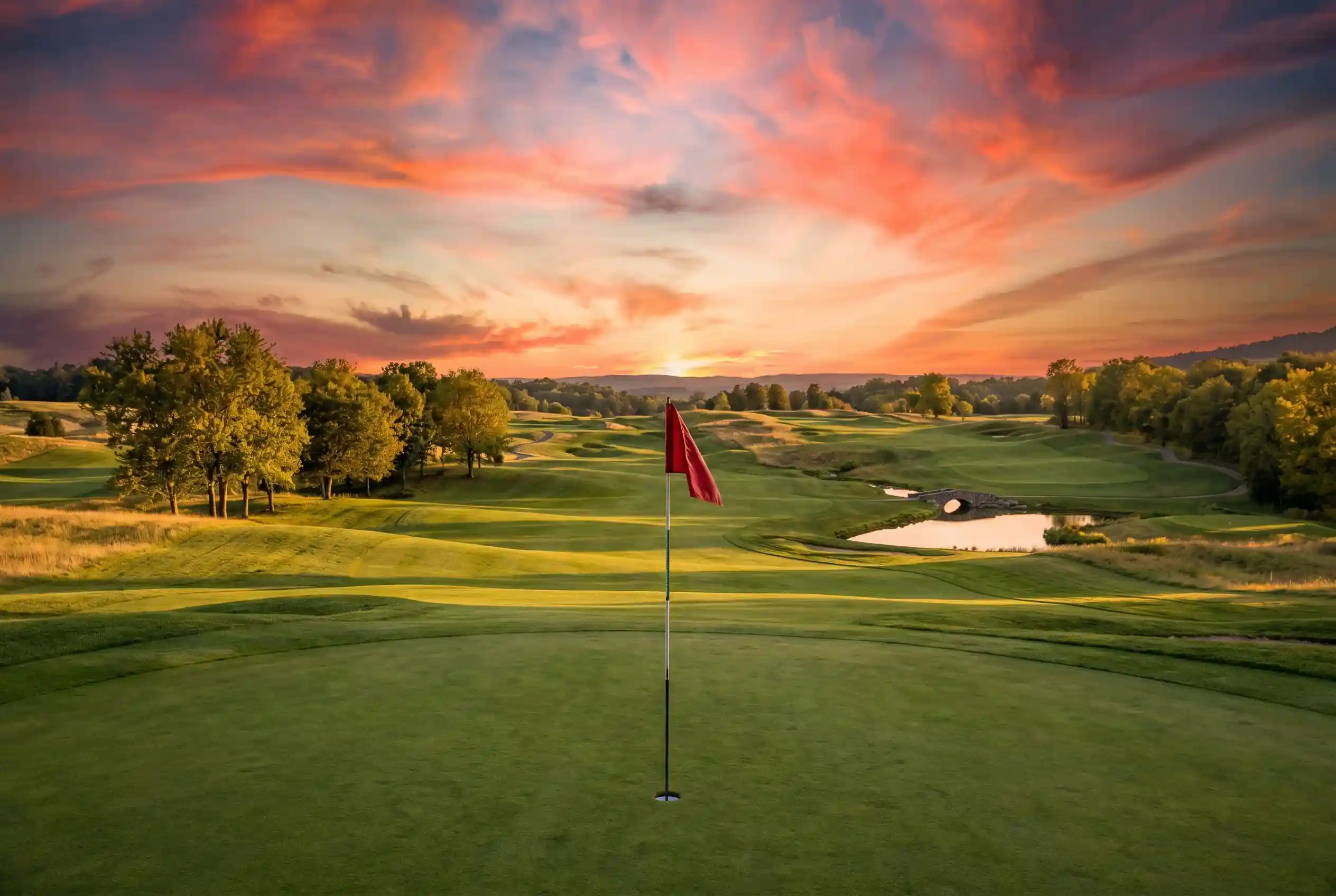 Campo de golf profesional al atardecer con green y banderin